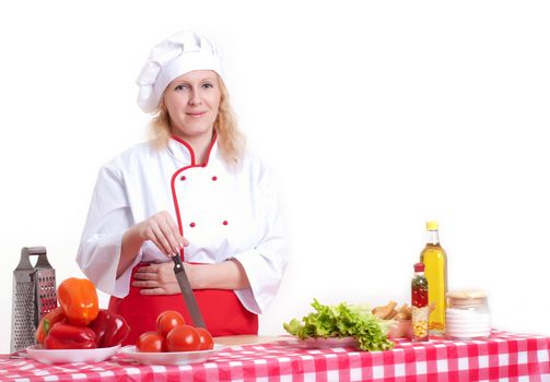 Portrait of attractive cook woman, holding a knife