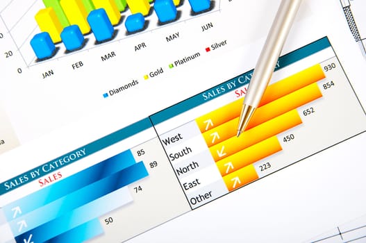 Drawings and charts of successful business, workplace of the businessman