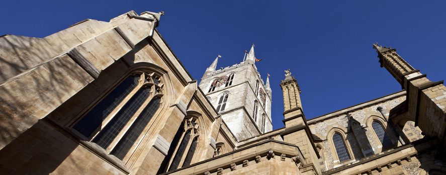 Looking up at Southwark Cathedral in London.