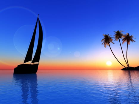 sailing vessel travelling on ocean on a background of beauty sunset and island with palms