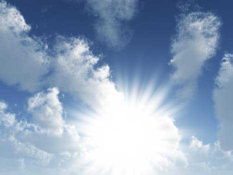 bright solar beams which are making the way through clouds on a background of the blue sky