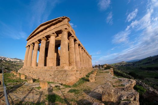 Fisheye view of Concordia temple in Agrigento, Sicily, Italy