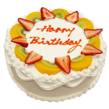 Happy Birthday Fresh Fruit Cake Isolated on White Background