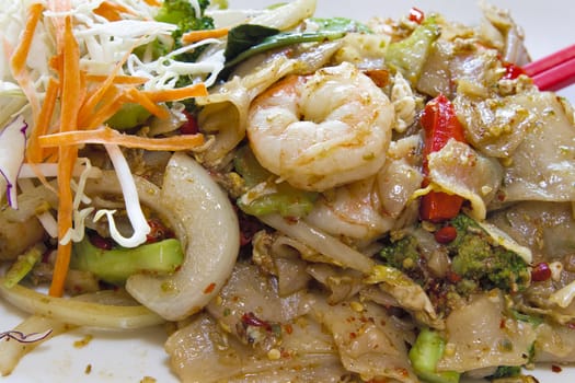 Thai Pad Kee Mao Wide Rice Noodle Stir Fry Dish Closeup