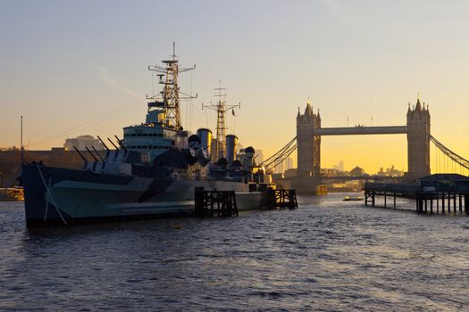 HMS Belfast and Tower Bridge at Sunrise.