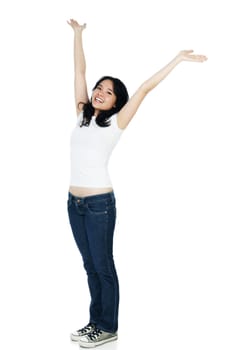Portrait of a cheerful woman with arms raised on white background.