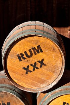 Wooden Rum barrels ringed with metal bands