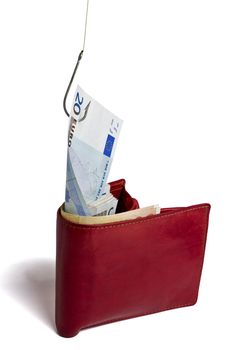 stealing cash out of red wallet -  isolated on white background