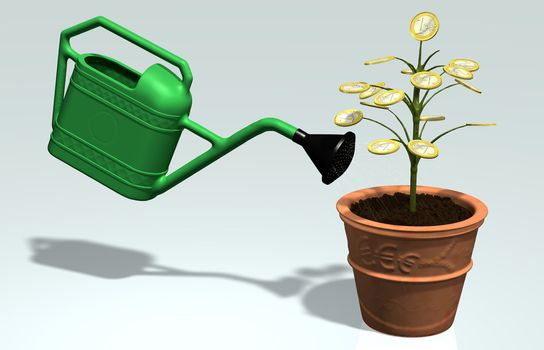 A little tree with one euro coin instead of leaves, planted in a vase, is watered by a green watering can