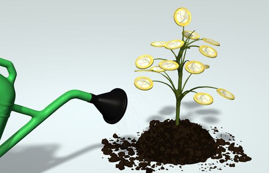 A little tree with one euro coin instead of leaves, planted in a lump of soil, is watered by a portion of watering can on a neutral background