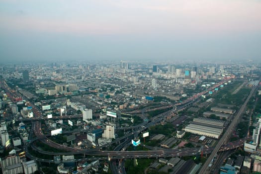 Panorama of Bangkok expressway from Baiyoke Sky Hotel, Thailand