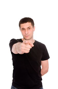 mid adult man shows a hand something isolated on white background