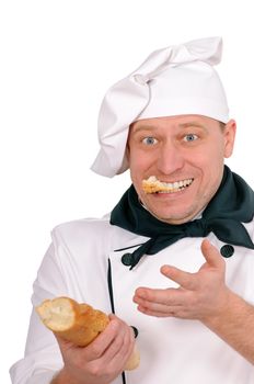 funny chef eating loaf isolated on white background