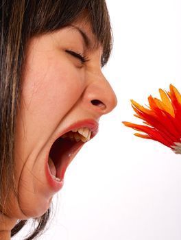 Woman With Hay Fever Allergy From Flowers