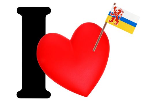 Small flag on a red heart and the word I to express love for the national flag of Limburg