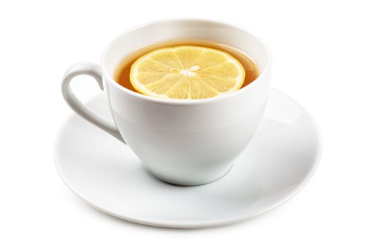 White cup of tea with lemon on a white plate isolated over white background