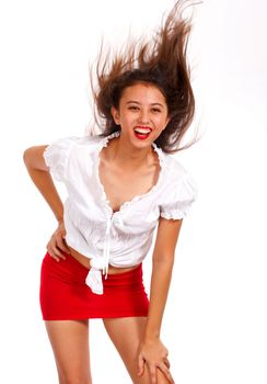 Excited Girl In Mini Skirt Throwing Back Her Hair