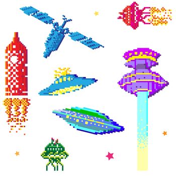 space ships and satellite collection, pixel art style elements isolated on white