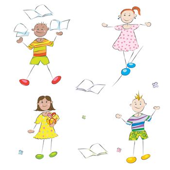 happy school kids doodles, boys and girls student profile characters