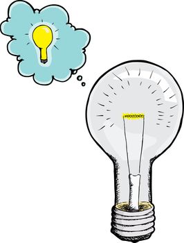 Illustration of a light bulb with an idea bubble over white background