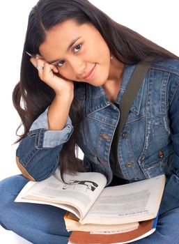 Happy Student Studying Her Textbooks And Smiling