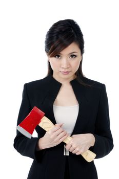 Portrait of an irritated young businesswoman holding an axe, isolated on white background.