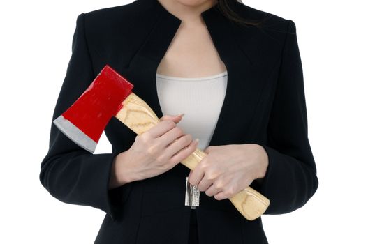Close-up of a businesswoman carrying an axe, isolated on white background.