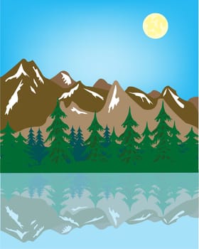 Illustration of the mountains and their reflections in water