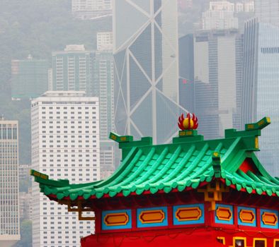 Hong Kong Old Pagoda And New Skyscrapers