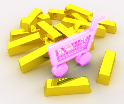 Concept of shopping addiction portrayed by shopping cart glowing in pink color placed near pile of gold bars. Scene rendered and isolated on white background.