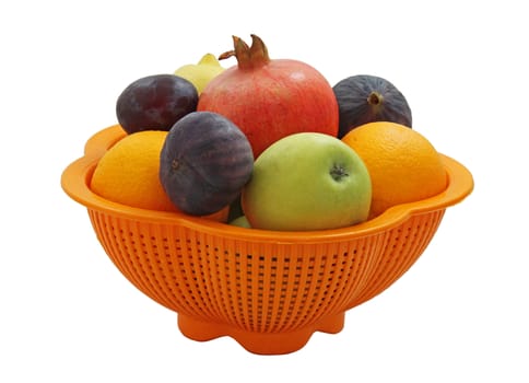 fruits (apple, oranges, fugs, plums, lemon, pomegranate)