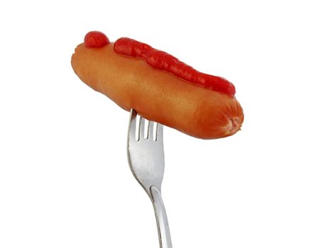 sausage with ketchup on a fork