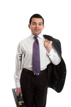 Confident businessman holding a briefcase in one hand, newspaper underarm and suit jacket slung over other  shoulder