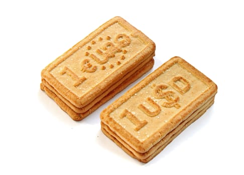 two heaps of biscuits: with usd and euro inscription