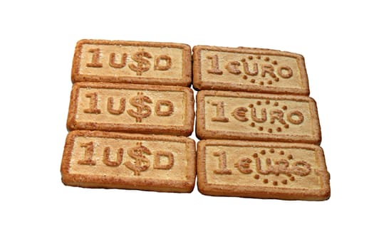 usd and euro  biscuits over white