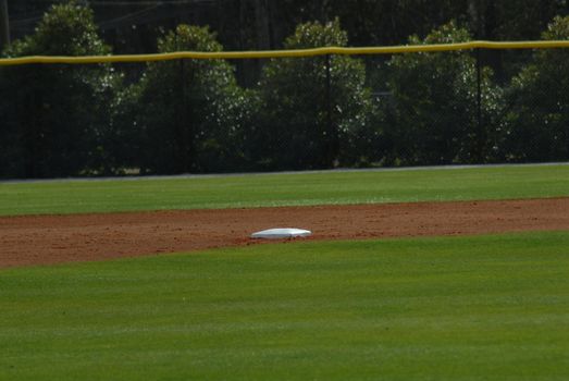 A view of second base on a baseball field