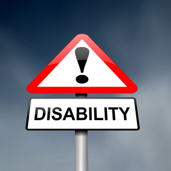 Illustration depicting a red and white triangular warning sign with a 'disability' concept. Dark blurred sky background.