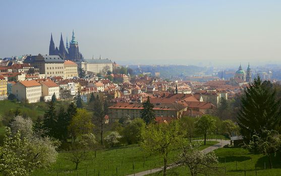 Dawn over Prague from Strahov Monastery. The view from the park.