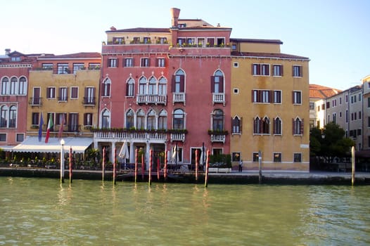 Colorful buildings along the Grand Canal in Venice, Italy.