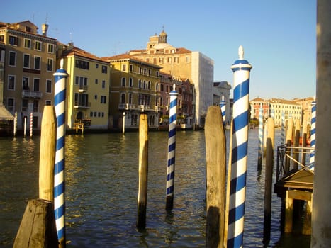 Docks along the Grand Canal in Venice, Italy.