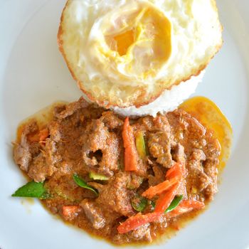 Rice and curry with fried, Thai food Thai style