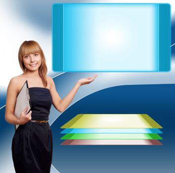 beautiful woman shows a screen with copyspace