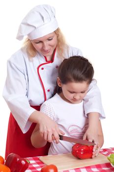 Mother and daughter cooking dinner, white backgroung