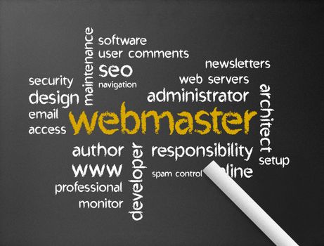 Dark chalkboard with a webmaster illustration. 