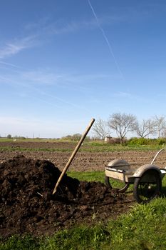 Spring view of the garden with a organic fertilizer pile and wheelbarrow