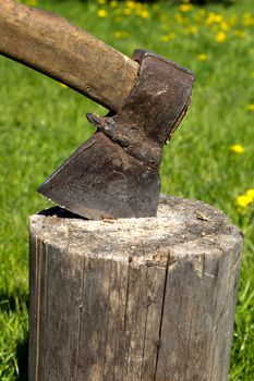 rusty axe stuck in a tree stump, against the background of nature 