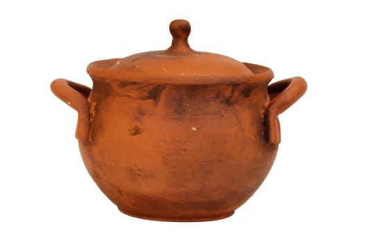 A clay pot isolated on white background, close-up.