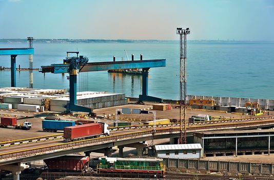 Container yard in the seaport with views of the bay