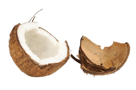 Fresh coconut and coconut shells. Isolated on white.