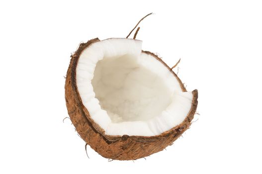 Fresh coconut and coconut shells. Isolated on white.